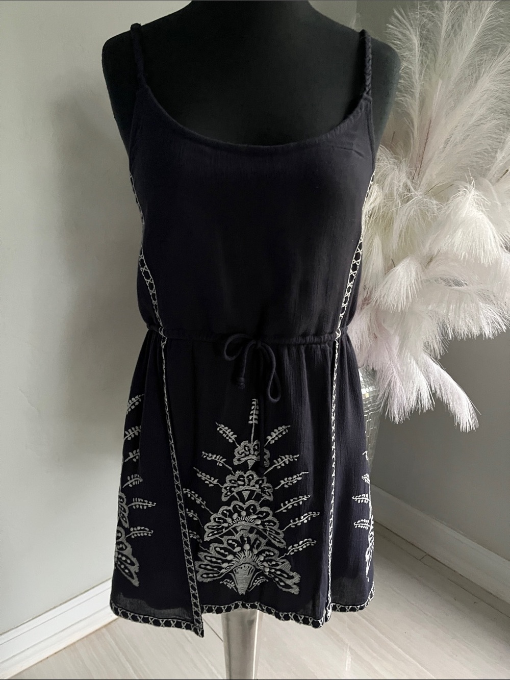 O'Neill Black Sleeveless Embroidered Drawstring Mini Dress